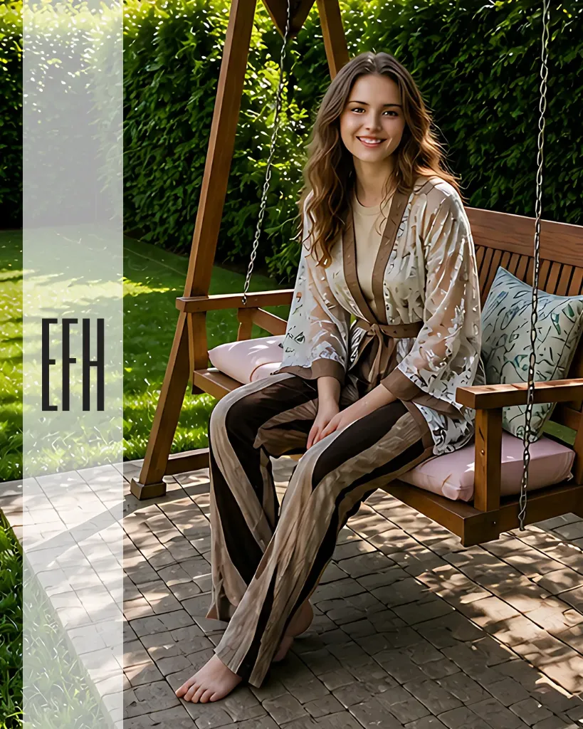 [بيجامه 3قطع روب بيج مورد و تي شيرت نص كوم و بنطلون مقلم بني] Velvet Tracksuit with White Stripe- ترنج قطيفه سوسته بنطلون و جاكيت بشريط أبيض (M)